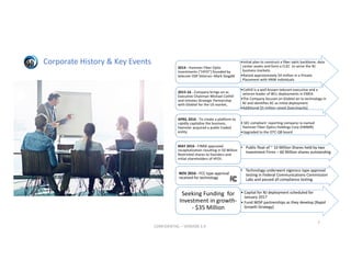 Corporate	History	&	Key	Events •Initial	plan	to	construct	a	fiber	optic	backbone,	data	
center	assets	and	form	a	CLEC		to	serve	the	NJ	
business	markets.
•Raised	approximately	$4	million	in	a	Private	
Placement	with	HNW	individuals
2014	- Hammer	Fiber	Optic	
Investments	(“HFOI”]	founded	by	
telecom	OSP	Veteran--Mark	Stogdill
•Cothill	is	a	well-known	telecom	executive	and	a	
veteran	leader	of	WLL	deployments	in	EMEA
•The	Company	focuses	on	Globtel air.tv	technology	in	
NJ	and	identifies	AC	as	initial	deployment
•Additional	$5	million	raised	[loan/equity]	
2015-16	- Company	brings	on	as	
Executive	Chairman	Michael	Cothill	
and	initiates	Strategic	Partnership	
with	Globtel for	the	US	market,	
• SEC	compliant		reporting	company	re-named	
Hammer	Fiber	Optics	Holdings	Corp	[HMMR]
•Upgraded	to	the	OTC-QB	board
APRIL	2016	- To	create	a	platform	to	
rapidly	capitalize	the	business,		
Hammer	acquired	a	public	traded		
entity	
• Public	float	of	~	10	Million	Shares	held	by	two	
Investment	Firms	– 60	Million	shares	outstanding
MAY	2016	- FINRA	approved	
recapitalization	resulting	in	50	Million	
Restricted	shares	to	founders	and	
initial	shareholders	of	HFOI;	
• Capital	for	NJ	deployment	scheduled	for	
January	2017
• Fund	WISP	partnerships	as	they	develop	[Rapid	
Growth	Strategy].	
Seeking	Funding		for	
Investment	in	growth-
- $35	Million
7
CONFIDENTIAL	– VERSION	3.9
NOV	2016	- FCC	type	approval	
received	for	technology			
• Technology	underwent	vigorous	type	approval	
testing	in	Federal	Communications	Commission	
Labs	and	passed	all	compliance	testing.	
 