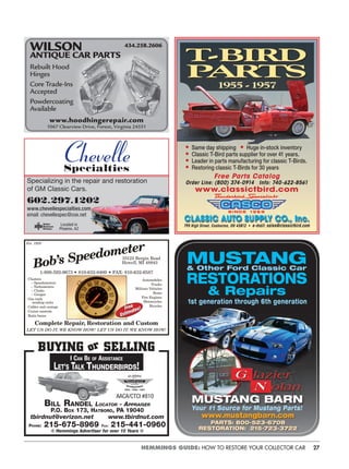 27HEMMINGS GUIDE: HOW TO RESTORE YOUR COLLECTOR CAR
WILSON
ANTIQUE CAR PARTS
Rebuilt Hood
Hinges
Core Trade-Ins
Accepted
Powdercoating
Available
www.hoodhingerepair.com
1067 Clearview Drive, Forest, Virginia 24551
434.258.2606
ChevelleSpecialties
Specializing in the repair and restoration
of GM Classic Cars.
602.297.1202
www.chevellespecialties.com
email: chevellespec@cox.net
Located in
Phoenix, AZ
10123 Bergin Road
Howell, MI 48843
1-800-592-9673 • 810-632-0400 • FAX: 810-632-6587
Clusters
– Speedometers
– Tachometers
– Clocks
– Gauges
Gas tank
sending units
Cables and casings
Cruise controls
Ratio boxes
Complete Repair, Restoration and Custom
LET US DO IT, WE KNOW HOW! LET US DO IT, WE KNOW HOW!
Automobiles
Trucks
Military Vehicles
Boats
Fire Engines
Motorcycles
Bicycles
Est. 1929
Bob’s Speedometer
Free
Estima es!Free
Estimates!
BUYING SELLING
AACA/CTCI #810
I CAN BE OF ASSISTANCE
LET’S TALK THUNDERBIRDS!
BILL RANDEL LOCATOR - APPRAISER
P.O. BOX 173, HATBORO, PA 19040
tbirdnut@verizon.net www.tbirdnut.com
PHONE: 215-675-8969 FAX: 215-441-0960
❉ Hemmings Advertiser for over 10 Years ❉
Free Parts Catalog
Order Line: (800) 374-0914 Info: 740-622-8561
www.classictbird.com
CLASSIC AUTO SUPPLY CO., Inc.
• Same day shipping • Huge in-stock inventory
• Classic T-Bird parts supplier for over 41 years.
• Leader in parts manufacturing for classic T-Birds.
• Restoring classic T-Birds for 30 years
795 High Street, Coshocton, OH 43812 • e-mail: sales@classictbird.com
T-BIRD
PARTS
1955 -1957
T-BIRD
PARTS
MUSTANG& Other Ford Classic Car
RESTORATIONS
& Repairs
www.mustangbarn.com
PARTS: 800-523-6708
RESTORATION: 215-723-3722
1st generation through 6th generation
MUSTANG BARN
Your #1 Source for Mustang Parts!
 
