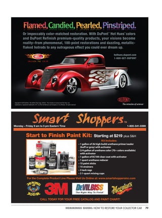 79HEMMINGS GUIDE: HOW TO RESTORE YOUR COLLECTOR CAR
Monday – Friday 9 am to 5 pm Eastern Time 1-800-541-0399
Start to Finish Paint Kit: Starting at $219 plus S&H
Kit Includes:
– 1 gallon of 2k high build urethane primer/sealer
(buff or grey) with activator
– 3/4 gallon of urethane color (70+ colors available)
with activator
– 1 gallon of EC100 clear coat with activator
– 1 quart urethane reducer
– 15 paint sticks
– 15 strainers
– 3 tack rags
– 3 1-quart mixing cups
For the Complete Product Line Please Visit Us Online at: www.smartshoppersinc.com
CALL TODAY FOR YOUR FREE CATALOG AND PAINT CHART!
 