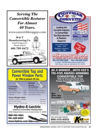 83HEMMINGS GUIDE: HOW TO RESTORE YOUR COLLECTOR CAR
Convertible Tops,
1956 – 1975
Radiator Supports,
1963 – 1981
Leading the
Corvette Industry
in Convertible
Top Reproduction
& Radiator
Supports
IN OUR MANSFIELD, OHIO
FACTORY
Check OutOurCatalog:
CELEBRATING 40 YEARS!
Quality is the key to our
success!
PH: 419-522-2246 Fax: 419-522-0463
E-mail: clint@coffmancorvette.com
490 Dewey Avenue, Mansfield, OH 44902
Serving The
Convertible Restorer
For Almost
40 Years.
www.convertibletopguys.com
M & T
Manufacturing Co.
South Kingstown
Rhode Island
401-789-0472
Convertible Top and
Power Window Parts
for 1946 to present US Cars
800-343-4261
941-639-0437
www.hydroe.com
Hydro-E-Lectric
America’s Convertible Headquarters
5530 Independence Court, Punta Gorda, FL 33982
Convertible
Hydraulics
Top Cylinders $139
Motor Pump 1955+ $229
Hose Set $100
Power Window Parts
Hydraulic window cylinders ...................................$149 each
Vent window gears....................................................$59 each
Window motors, 1959-76 GM................................. $110 each
Rebuild
Service
We recondition:
Firewall pumps
1946-53 Window Switches
Convertible Control Valves
Top solenoid Valves
BE A WINNER....WITH KEE’S
TRI-FIVE AWARD-WINNING
CONVERTIBLE TOP
• Precision Fit &
Exceptional Detailing
• The highest quality material & craftsmanship
• Manufacturing domestic & foreign
convertible tops from 1940 to present
Kee
Auto Top
Provides:
and VINYL TOPS
Made from the ﬁnest
materials and
cut to precise
patterns by
experienced
craftspeople.
CALL FOR A FREE CATALOG
866-312-6553
www.keeautotop.com
You’ll
ﬁnd some
original colors
not seen since
the 1960s!
Waxberry
Levant
Brown
Boar
Med.
Green
Elk
Grey
Cross
Hatch
Brown
Tuxedo
Lt.
Buckskin
Elk
Teal
Laredo
Red
Valino
1955-57 Chevrolet Bel Air and
Pontiac Bonneville and Starchief
The leading manufacturer
of convertible & vinyl tops.
 