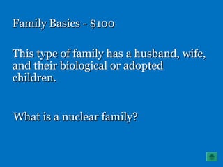 Family Basics - $100Family Basics - $100
This type of family has a husband, wife,This type of family has a husband, wife,
and their biological or adoptedand their biological or adopted
children.children.
What is a nuclear family?What is a nuclear family?
 