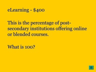eLearning - $400eLearning - $400
This is the percentage of post-This is the percentage of post-
secondary institutions offering onlinesecondary institutions offering online
or blended courses.or blended courses.
What is 100?What is 100?
 