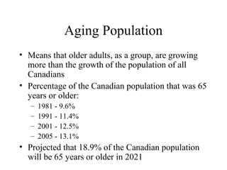 Aging Population
• Means that older adults, as a group, are growing
more than the growth of the population of all
Canadians
• Percentage of the Canadian population that was 65
years or older:
–
–
–
–

1981 - 9.6%
1991 - 11.4%
2001 - 12.5%
2005 - 13.1%

• Projected that 18.9% of the Canadian population
will be 65 years or older in 2021

 