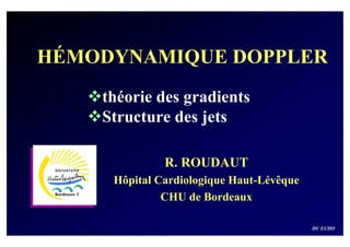 HÉMODYNAMIQUE DOPPLER
    théorie des gradients
    Structure des jets

              R. ROUDAUT
     Hôpital Cardiologique Haut-Lévêque
              CHU de Bordeaux

                                          DU ECHO
 