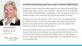 HYPER-PERSONALIZATION AND HYBRID MEETINGS
For almost a century, Hilton has been guided by the underlying principle that
people need, desire, crave human interaction—and the Customer Experience
is at the heart of that sentiment. Increasingly, we see this experience driven by
individual needs, which has led to the hyper-personalization of events.
We expect that trend to intensify in 2015, with a more concentrated focus
on Hybrid meetings, utilizing new technologies and social media tools to
enhance and customize the meeting experience, like the updated Hilton
HHonors or Conrad Concierge mobile apps.
That trend extends beyond our events into our core business, with guest-
focused hotel brands and offerings, like recently-launched Canopy by Hilton
—a brand that takes the emphasis off of capital-intensive, high design to
focus on delivering exactly what the guests desire: A comfortable stay with
more included value.
Lesley Brasesco
Managing Director, Sales
Effectiveness, Americas
Hilton Worldwide
 