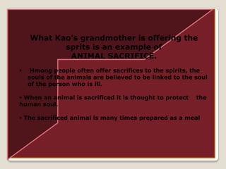 What Kao’s grandmother is offering the sprits is an example of <br />ANIMAL SACRIFICE.<br /><ul><li> Hmong people often of...