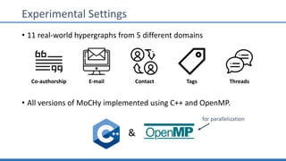 Experimental Settings
• 11 real-world hypergraphs from 5 different domains
• All versions of MoCHy implemented using C++ and OpenMP.
Co-authorship E-mail Contact Tags Threads
&
for parallelization
 
