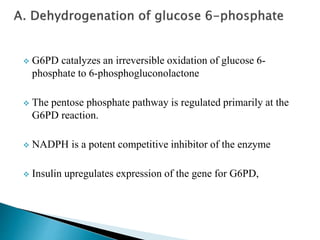  G6PD catalyzes an irreversible oxidation of glucose 6-
phosphate to 6-phosphogluconolactone
 The pentose phosphate pathway is regulated primarily at the
G6PD reaction.
 NADPH is a potent competitive inhibitor of the enzyme
 Insulin upregulates expression of the gene for G6PD,
 