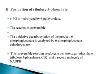  6-PG is hydrolyzed by 6-pg hydrolase.
 The reaction is irreversible

 The oxidative decarboxylation of the product, 6-
phosphogluconate is catalyzed by 6-phosphogluconate
dehydrogenase.
 This irreversible reaction produces a pentose sugar–phosphate
(ribulose 5-phosphate), CO2, and a second molecule of
NADPH
 
