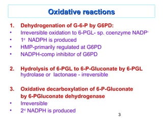 3
Oxidative reactionsOxidative reactions
1. Dehydrogenation of G-6-P by G6PD:
• Irreversible oxidation to 6-PGL- sp. coenzyme NADP+
• 1st
NADPH is produced
• HMP-primarily regulated at G6PD
• NADPH-comp inhibitor of G6PD
2. Hydrolysis of 6-PGL to 6-P-Gluconate by 6-PGL
hydrolase or lactonase - irreversible
3. Oxidative decarboxylation of 6-P-Gluconate
by 6-PGluconate dehydrogenase
• Irreversible
• 2nd
NADPH is produced
 