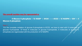 The overall reaction may be represented as
6 Glucose 6-phosphate + 12 NADP+ + 6H2O ----->6CO2 + 12 NADPH + 12H+ + 5
Glucose 6-phosphate
Note 1.
For the complete oxidation of glucose 6-phosphate to 6CO2, we have to start with 6 molecules of
glucose 6-phosphate. Of these 6 molecules of glucose 6-phosphate, 5 molecules of glucose 6-
phosphate are regenerated with the production of l2 NADPH.
 