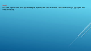 Note 2.
Fructose 6-phosphate and glyceraldehyde 3-phosphate can be further catabolized through glycolysis and
citric acid cycle.
 