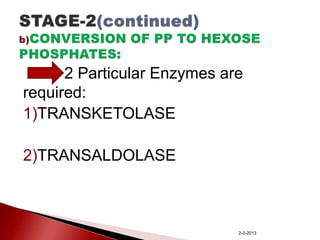 2 Particular Enzymes are
required:
1)TRANSKETOLASE
2)TRANSALDOLASE

2-2-2013

 