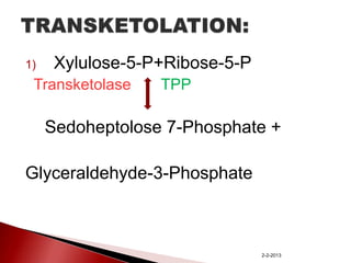 1)

Xylulose-5-P+Ribose-5-P

Transketolase

TPP

Sedoheptolose 7-Phosphate +
Glyceraldehyde-3-Phosphate

2-2-2013

 