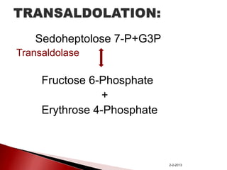 Sedoheptolose 7-P+G3P
Transaldolase

Fructose 6-Phosphate
+
Erythrose 4-Phosphate

2-2-2013

 