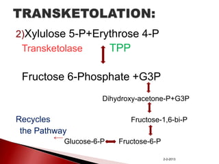 2)Xylulose 5-P+Erythrose 4-P
Transketolase
TPP

Fructose 6-Phosphate +G3P
Dihydroxy-acetone-P+G3P

Recycles
the Pathway
Glucose-6-P

Fructose-1,6-bi-P
Fructose-6-P
2-2-2013

 