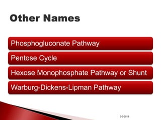 Phosphogluconate Pathway
Pentose Cycle
Hexose Monophosphate Pathway or Shunt

Warburg-Dickens-Lipman Pathway

2-2-2013

 