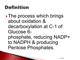  The

process which brings
about oxidation &
decarboxylation at C-1 of
Glucose 6phosphate, reducing NADP+
to NADPH & producing
Pentose Phosphates.
2-2-2013

 