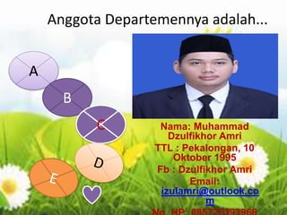 Anggota Departemennya adalah...
Nama: Muhammad
Dzulfikhor Amri
TTL : Pekalongan, 10
Oktober 1995
Fb : Dzulfikhor Amri
Email:
izulamri@outlook.co
m
A
B
C
 