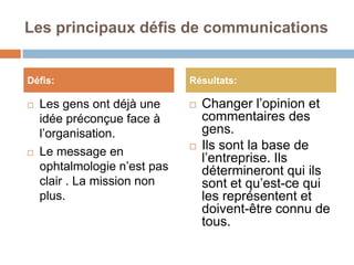 Les principaux défis de communications


Défis:                        Résultats:

   Les gens ont déjà une        Changer l’opinion et
    idée préconçue face à         commentaires des
    l’organisation.               gens.
   Le message en
                                 Ils sont la base de
                                  l’entreprise. Ils
    ophtalmologie n’est pas       détermineront qui ils
    clair . La mission non        sont et qu’est-ce qui
    plus.                         les représentent et
                                  doivent-être connu de
                                  tous.
 