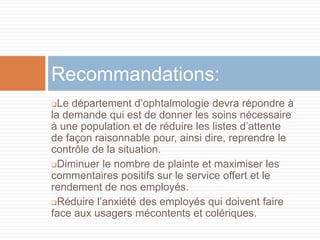 Recommandations:
 Le département d’ophtalmologie devra répondre à
la demande qui est de donner les soins nécessaire
à une population et de réduire les listes d’attente
de façon raisonnable pour, ainsi dire, reprendre le
contrôle de la situation.
Diminuer le nombre de plainte et maximiser les
commentaires positifs sur le service offert et le
rendement de nos employés.
Réduire l’anxiété des employés qui doivent faire
face aux usagers mécontents et colériques.
 