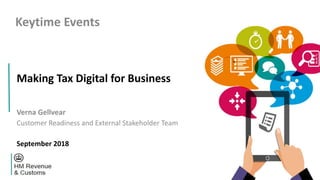 Making Tax Digital for Business
Verna Gellvear
Customer Readiness and External Stakeholder Team
September 2018
Keytime Events
 
