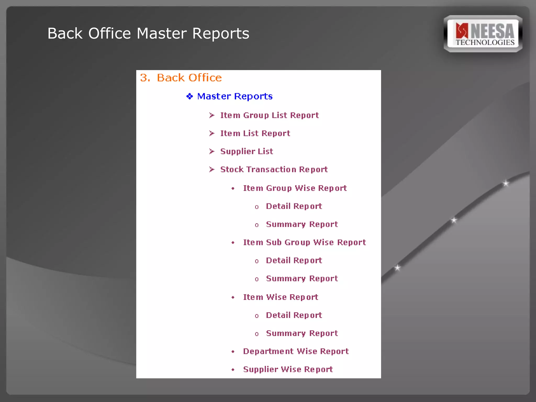 Back Office Master Reports 