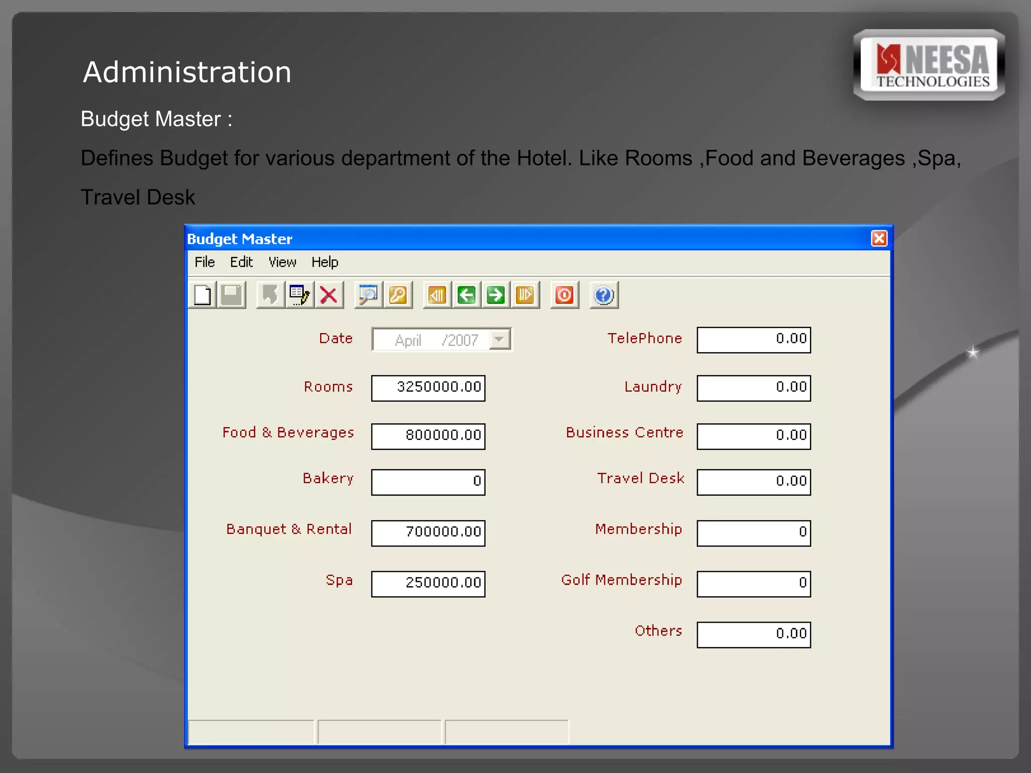 Budget Master : Defines Budget for various department of the Hotel. Like Rooms ,Food and Beverages ,Spa, Travel Desk  Administration 