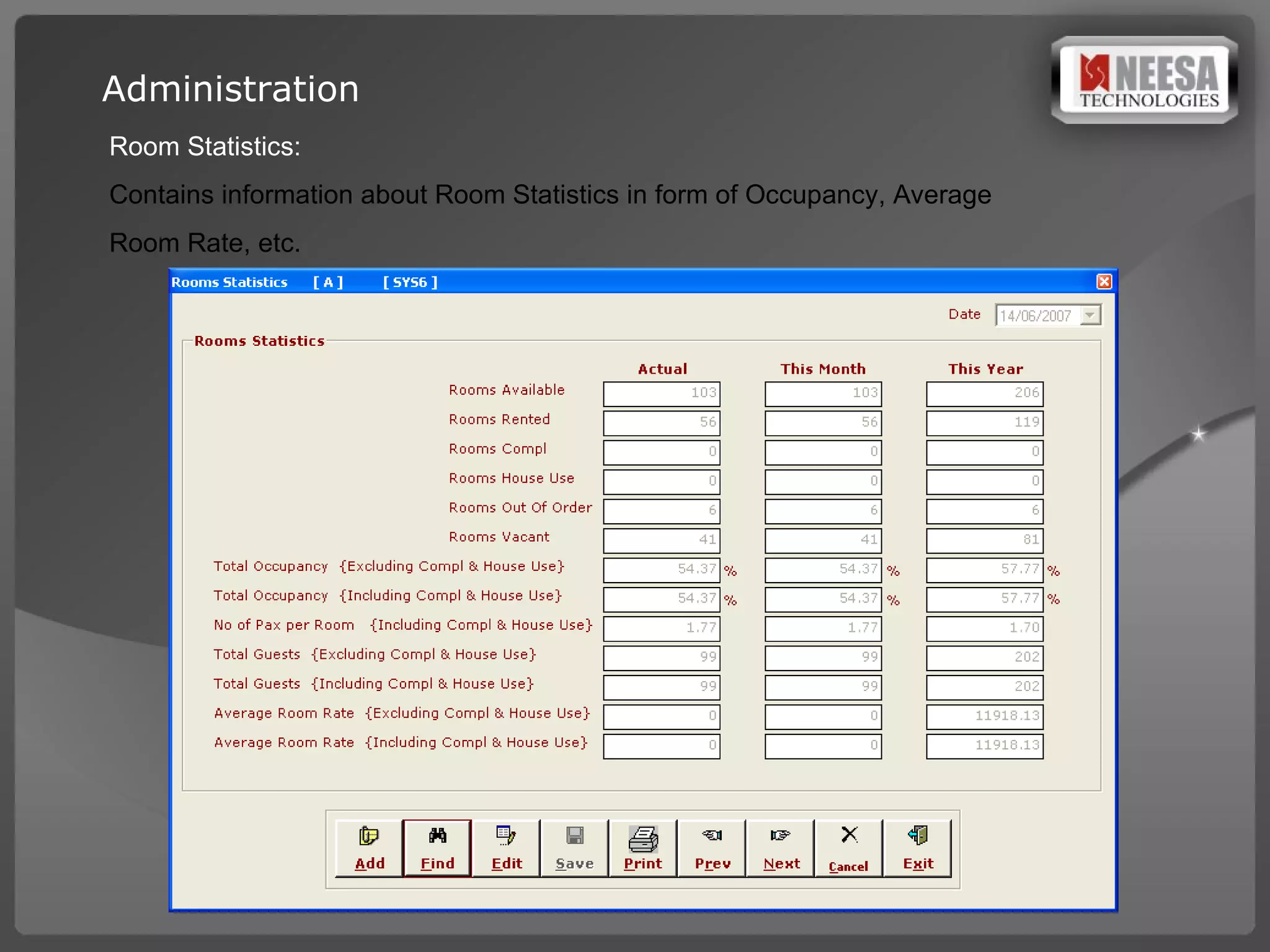 Room Statistics:  Contains information about Room Statistics in form of Occupancy, Average  Room Rate, etc. Administration 
