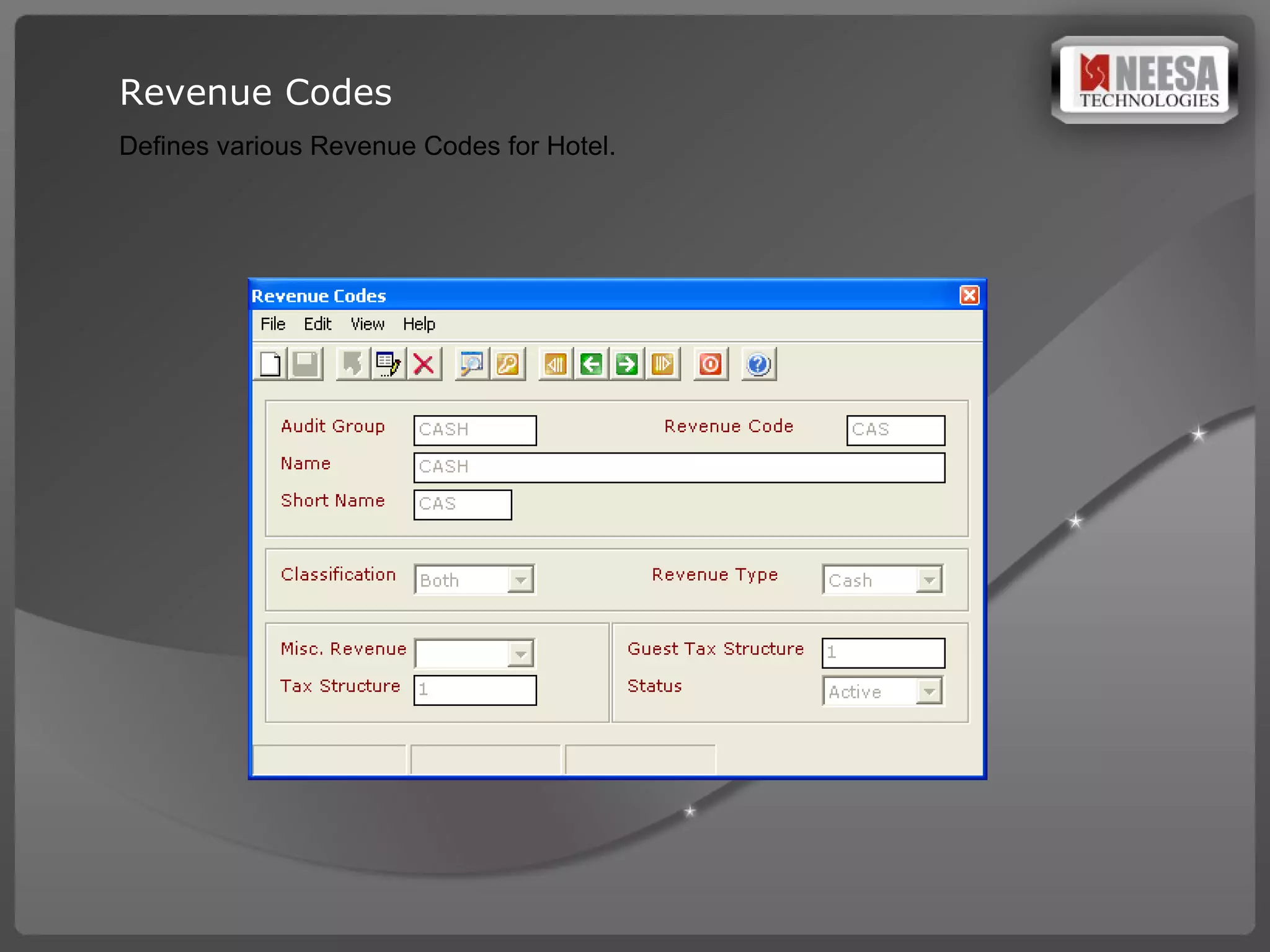 Revenue Codes Defines various Revenue Codes for Hotel. 