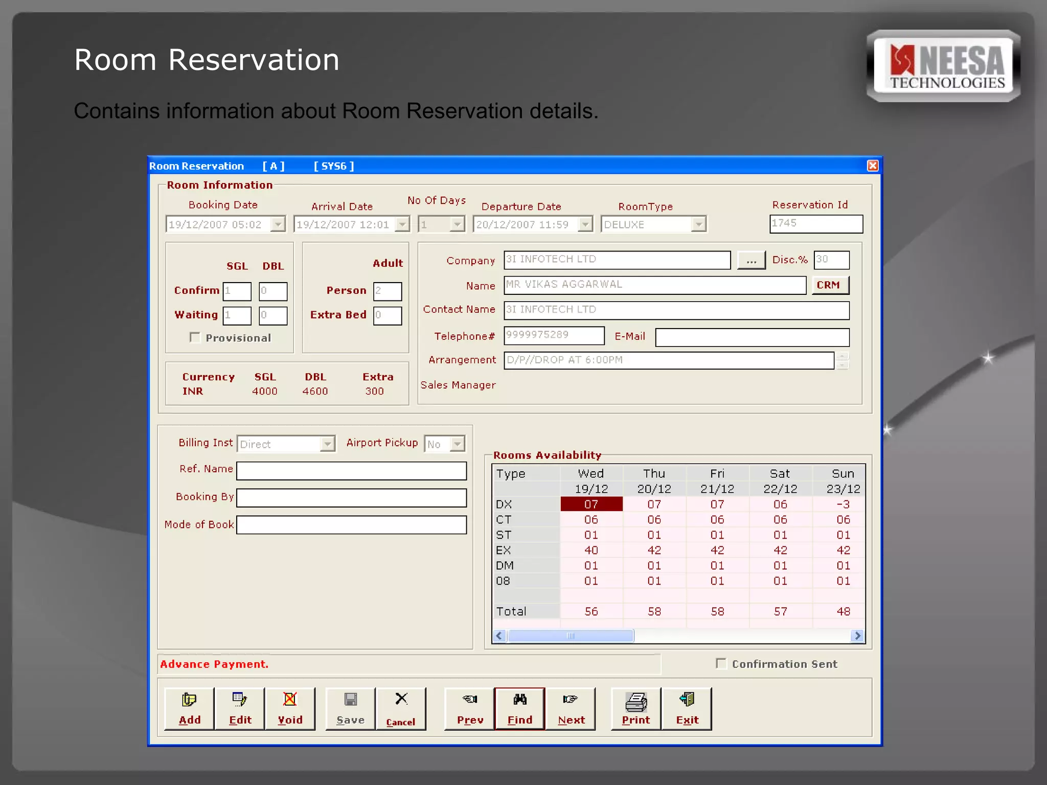 Room Reservation Contains information about Room Reservation details.   