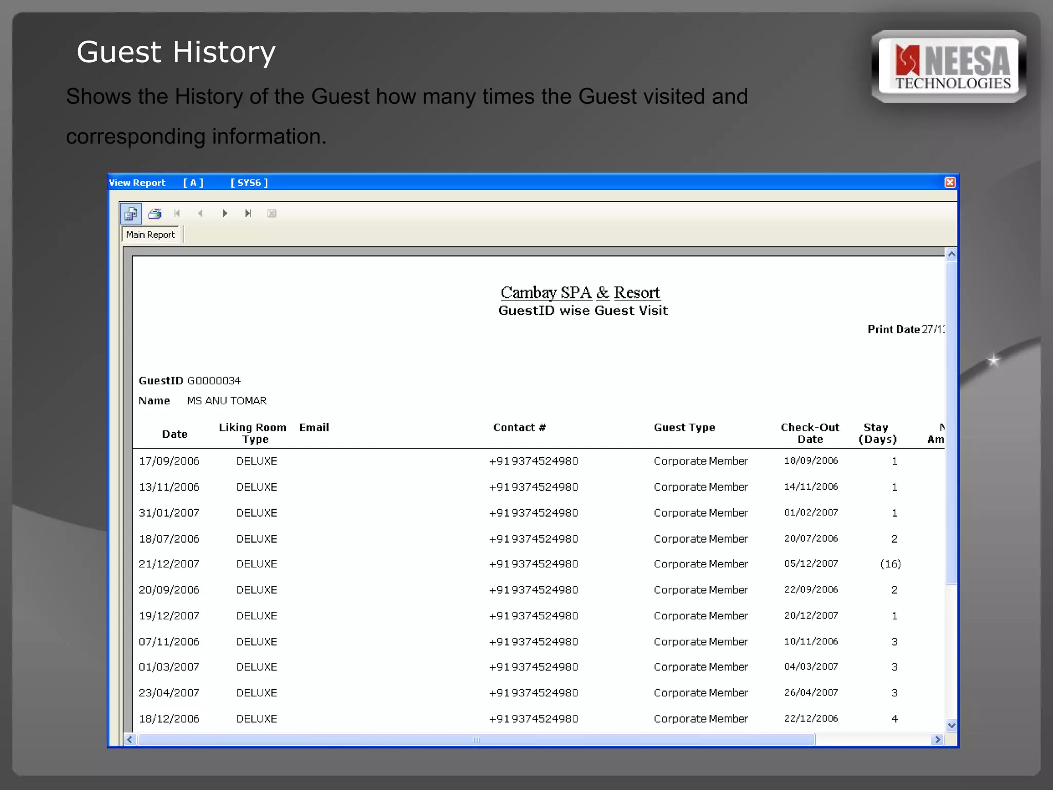 Guest History Shows the History of the Guest how many times the Guest visited and corresponding information. 