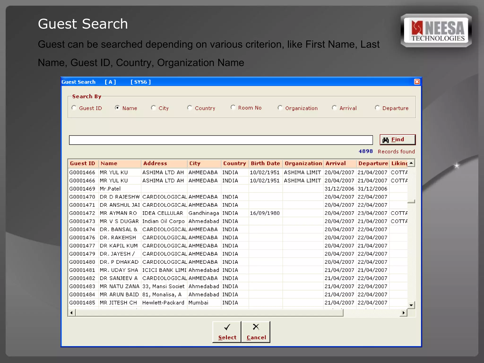 Guest Search Guest can be searched depending on various criterion, like First Name, Last Name, Guest ID, Country, Organization Name 