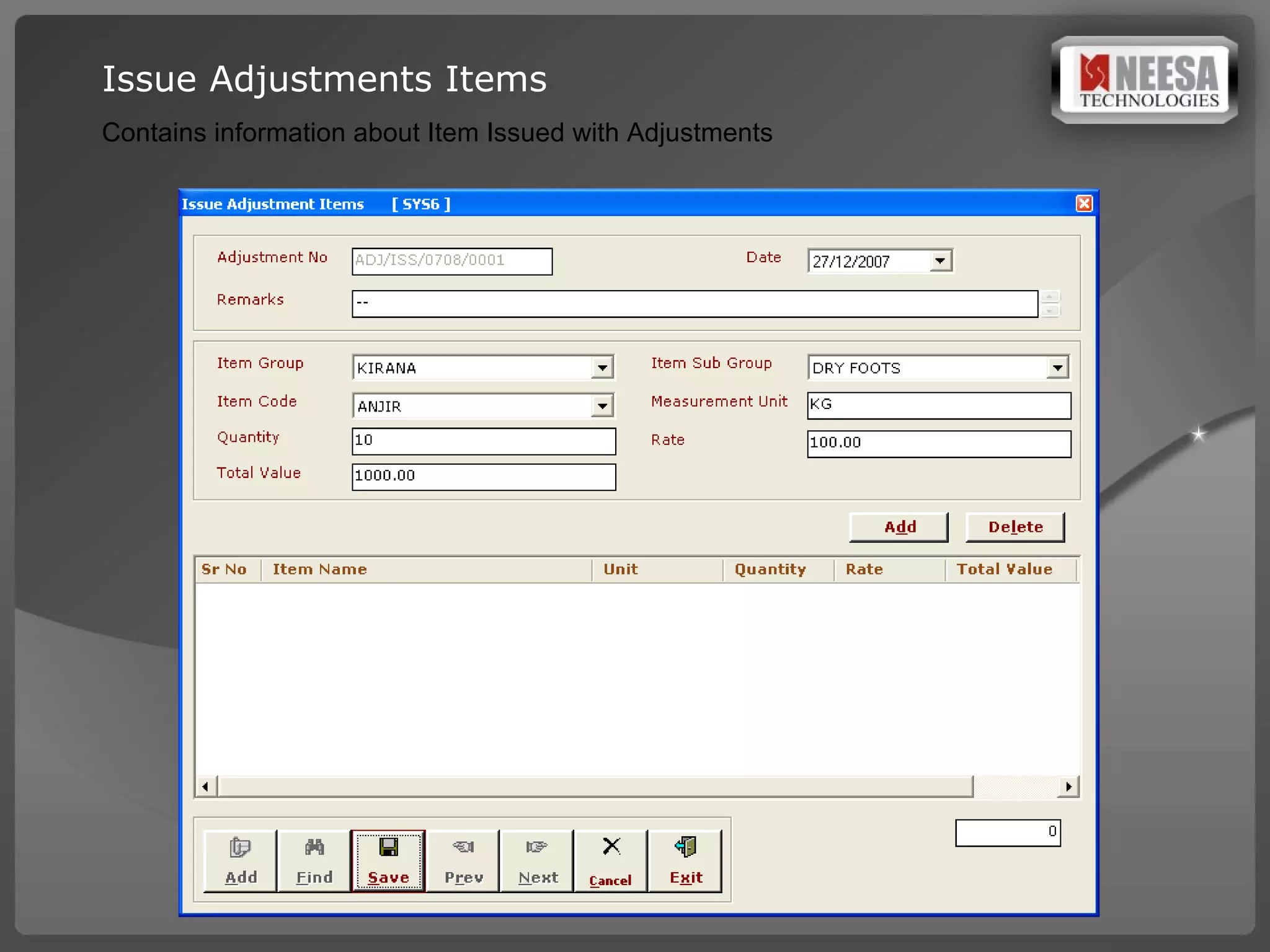 Issue Adjustments Items Contains information about Item Issued with Adjustments 
