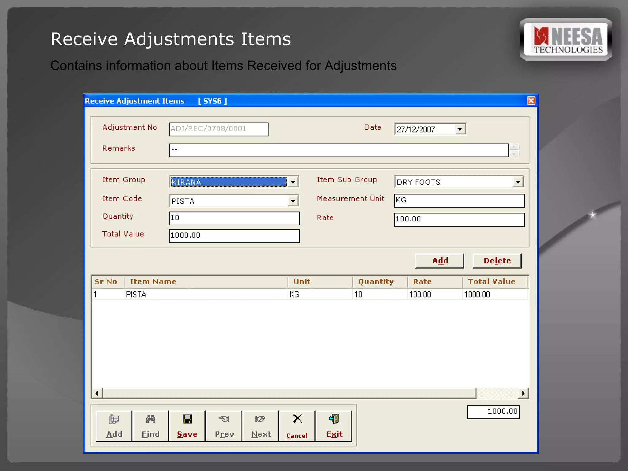Receive Adjustments Items Contains information about Items Received for Adjustments 