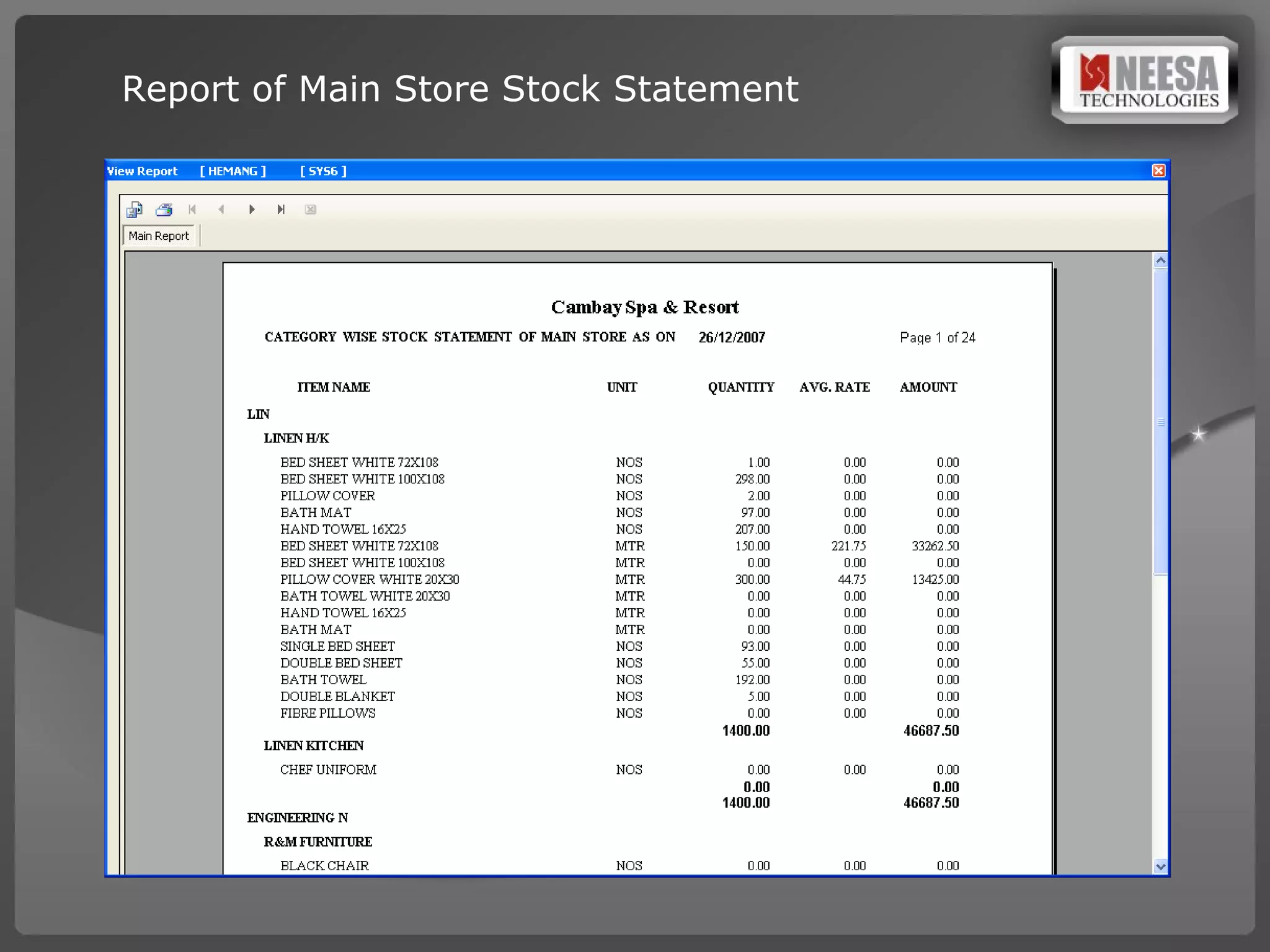 Report of Main Store Stock Statement 