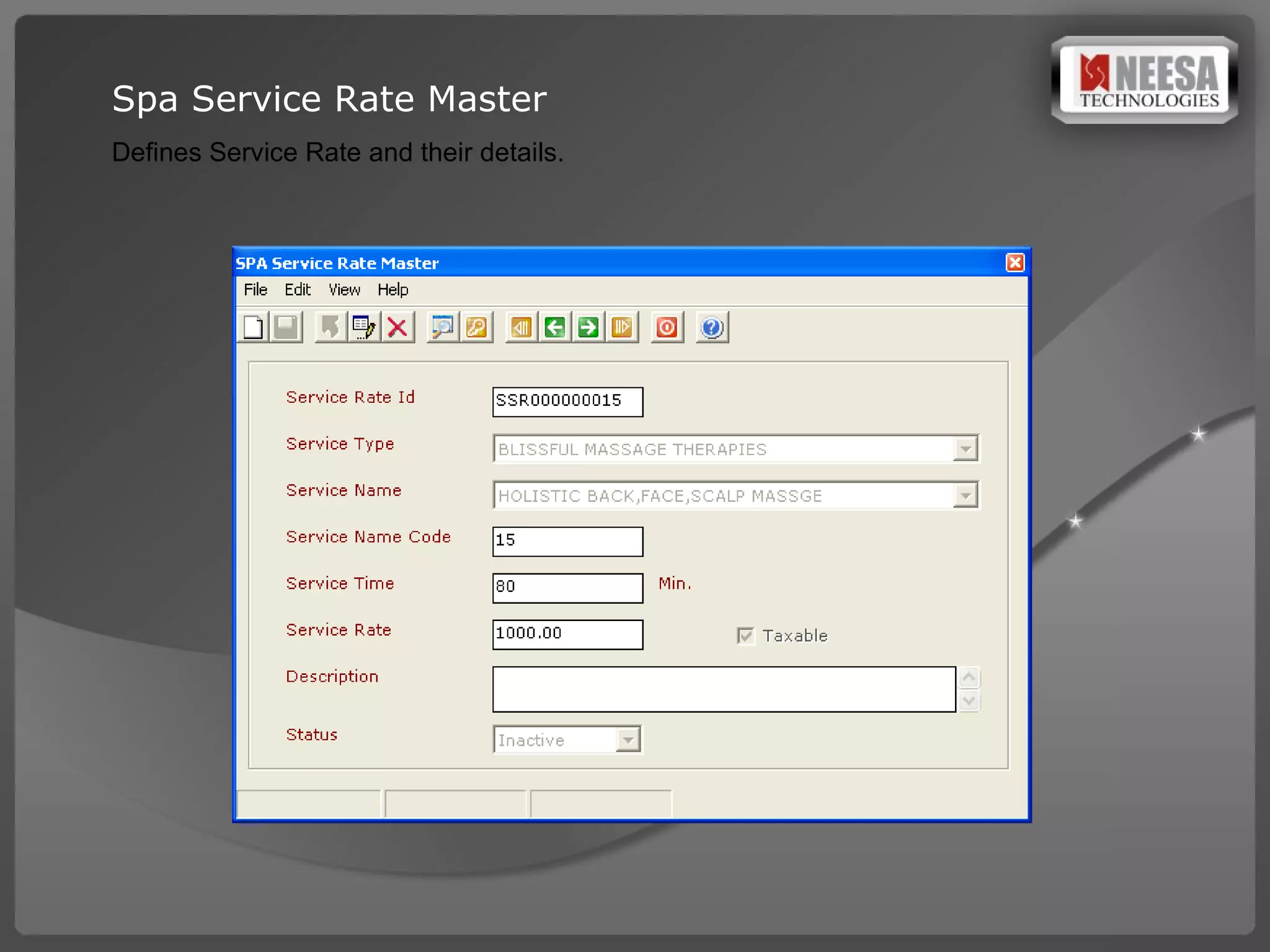 Spa Service Rate Master Defines Service Rate and their details.   