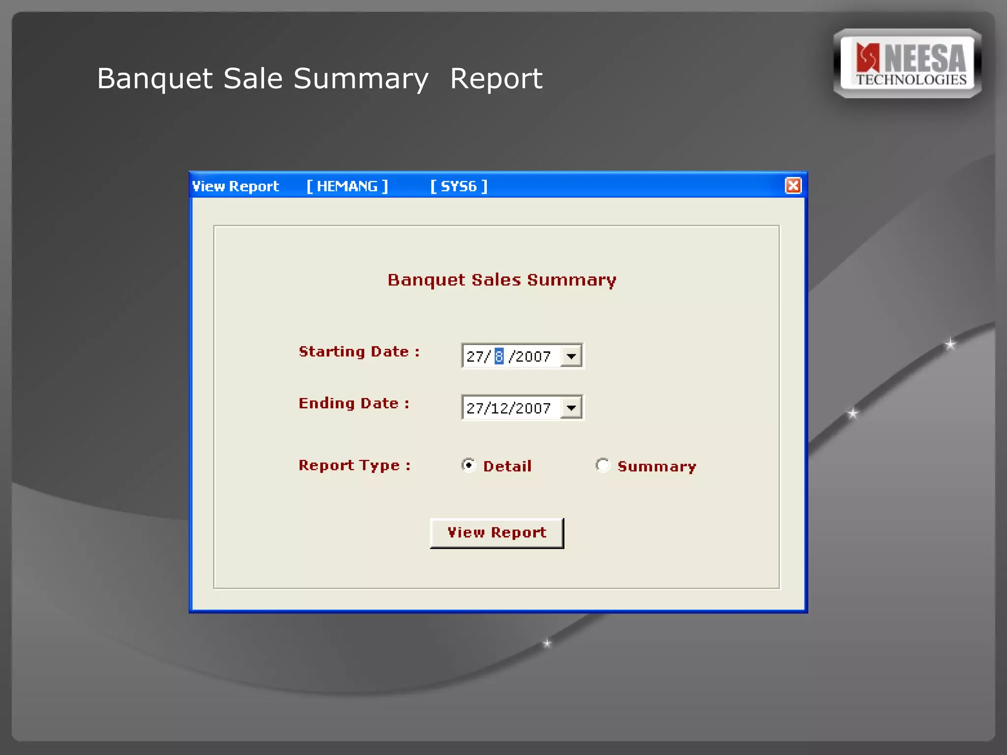 Banquet Sale Summary  Report  