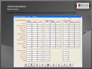 Daily Income :  Contains information about the Daily Income of various departments of the Hotel. Administration 