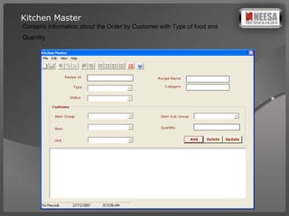 Kitchen Master Contains information about the Order by Customer with Type of food and  Quantity 