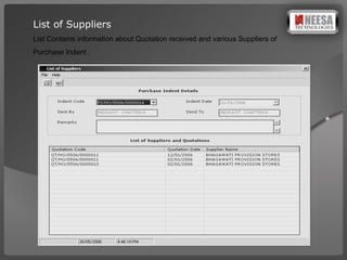 List of Suppliers  List Contains information about Quotation received and various Suppliers of  Purchase Indent . 