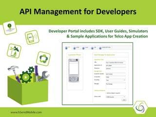 API Management for Developers 
Developer Portal includes SDK, User Guides, Simulators 
& Sample Applications for Telco App Creation 
 