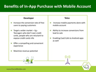 Increase the conversion rate of free
users to paying customers
Target a wider market – Eg:-
Teenagers who don’t own credit
cards, people who are reluctant to
expose credit cards info
Offer a compelling and convenient
experience
Maximize revenue potential
Benefits of In-App Purchase with Mobile Account
Developer Telco
Increase mobile payments done with
mobile account
Ability to increase conversions from
lead to sale
Enabling CaaS Calls to Android apps
as well
 