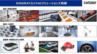 SiNGRAYエッジAIソリューションズ実績
食品・医薬品業界
製造・FA業界
自動車・移動体ロボット業界
 