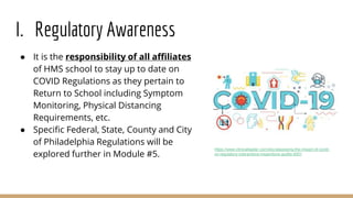 I. Regulatory Awareness
● It is the responsibility of all affiliates
of HMS school to stay up to date on
COVID Regulations as they pertain to
Return to School including Symptom
Monitoring, Physical Distancing
Requirements, etc.
● Specific Federal, State, County and City
of Philadelphia Regulations will be
explored further in Module #5.
https://www.clinicalleader.com/doc/assessing-the-impact-of-covid-
on-regulatory-interactions-inspections-audits-0001
 