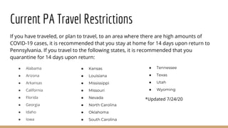 Current PA Travel Restrictions
If you have traveled, or plan to travel, to an area where there are high amounts of
COVID-1...