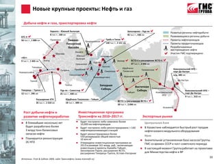 Новые крупные проекты: Нефть и газ

     Добыча нефти и газа, транспортировка нефти

                               Харьяга – Южный Хыльчую                                                     Заполярное – Пур-пе                   Развитые регионы нефтедобычи
                               8 тыс.т., 160 км                                                            45 тыс.т., 536 км
 БТС-II                                                                                                                                          Развивающиеся регионы добычи
 50 тыс.т., 1 000 км           Приморск          Тимано-           Приразломное    Требс и Титов
                                                                                    140 тыс.т., 2 151 км
                                                                                                                                                  Проекты нефтепроводов
                                                                                                                                                  Проекты продуктопроводов
                                                Печорский
                                                 бассейн                                                                                          Разрабатываемые
                                                                                                                                                  месторождения нефти
                                      Москва
                                                        Харьяга
                                                         Южный                    Заполярное
                                                                                                                                                 Участие ГМС подтверждено
 «Юг»
 9 тыс.т., 1 465 км    Унеча
                                                         Хыльчую
                                                                         Пур-пе
                                                                                                Ванкор       ВСТО-II и расширение ВСТО-II   
                                                        Салымское                                             47 тыс.т., 2 046 км
            Тихорецк                                                               Русское
                                         Сызрань        Приобское                   Самотлор  
                                                                                                     Юрубчено-
                                                                                                     Тохомское
                                                                                                                        Талаканское                    Комсомольский НПЗ –
                                                                                                                                                        порт Де-Кастри
Новороссийск
                                                  Тямкинское            Нижневартовск                Верхнечонское                                    н/д, 300 км

          Туапсе                                                                                                                                           Де-Кастри

                                               Тенгиз                         Западная                              Восточная    Сковородино
 Тихорецк – Туапсе 2                     Пур-пе – Самотлор                    Сибирь
                                                                                                           Тайшет
                                                                                                                     Сибирь
                                                                                                                                      Комсомольский
                                                                                                                                                                 Комсомольский НПЗ –
 12 тыс.т., 295 км                       25 тыс.т., 430 км                                                                                                       порт Де-Кастри
                                                                                                                                           НПЗ
                                                                                                                                                                 9 тыс.т., 313 км
                Расширение КТК
                35 тыс.т., 1 510 км
                                               Юрубчено-Тохомское – Тайшет
                                               18 тыс.т., 600 км
                                                                                                 ВСТО-I и расширение ВСТО-I   
                                                                                                 50 тыс.т., 2 694 км
                                                                                                                                             Козьмино

     Рост добычи нефти и                                     Инвестиционная программа
     развитие нефтепереработки                               Транснефти на 2010–2017 гг.                                   Экспортные рынки
     В ближайшие несколько лет                           Будет построено либо заменено более                              Центральная Азия
                                                           10,000 км нефтепроводов
      будет разработано более                             Будет построено либо реконструировано > 140                     В Казахстане наблюдается быстрый рост продаж
      3 млрд тонн балансовых                               нефтеперекачивающих станций                                      нефтегазового модульного оборудования
      запасов нефти                                       Будет реконструировано более
                                                           550 резервуаров общей емкостью                                   Ирак
     Планируется реконструкция                            10 млн м3                                                       Значительная установленная база насосов Группы
      26 НПЗ                                              Утверждена инвестиционная программа на
                                                           2013 в размере 161 млрд. руб., включающая
                                                                                                                            ГМС со времен СССР и пост-советского периода
                                                           инвестиции в проекты Куюмба-Тайшет,                             В настоящий момент Группа работает на проектами
                                                           Заполярное-Пурпе, расширение ВСТО,
                                                           расширение Тихорецк-Туапсе, Кстово-Нагорная                      для Министерства нефти и BP
                                                                                                                                                                                       10
 Источник: Frost & Sullivan 2009, сайт Транснефти (www.transneft.ru)
 