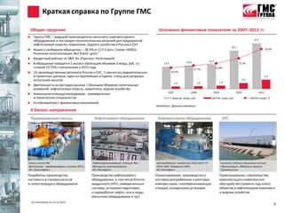 Краткая справка по Группе ГМС

    Общие сведения                                                               Основные финансовые показатели за 2007–2011 гг.
     Группа ГМС – ведущий производитель насосного, компрессорного
      оборудования и поставщик технологических решений для предприятий                                                                                         27.5
      нефтегазовой отрасли, энергетики, водного хозяйства в России и СНГ
                                                                                                                                            23.1
     Акции в свободном обращении – 28.5% от 117.2 млн. (тикер: HMSG).                                                                                                   20.0%
      Рыночная капитализация: 462.8 млн. долл.*
     Кредитный рейтинг от S&P: B+ (Прогноз: Негативный)
                                                                                                      14.0             14.7
     В обращении находится 1 выпуск облигаций объемом 3 млрд. руб. со              13.4                                                           15.3%
      ставкой 10.75% с погашением в 2015 году                                                                                 12.8%
                                                                                                             11.7%
     16 производственных активов в России и СНГ, 7 научно-исследовательских               10.6%
      и проектных центров, один из крупнейших в Европе стенд для натурных                                                                                                5.5
      испытаний насосов                                                                                                                               3.5
                                                                                              1.4                1.6             1.9
     Деятельность на растущих рынках с большим объемом капитальных
      вложений: нефтегазовая отрасль, энергетика, водное хозяйство
                                                                                       2007              2008             2009                 2010               2011
     Уникальная команда менеджеров, коммерческих
      и технических специалистов                                                           Выручка, млрд. руб.           EBITDA, млрд. руб.                 EBITDA margin, %
     Устойчивый рост финансовых показателей
                                                                               Источник: Данные компании
    4 бизнес-направления
    Промышленные насосы                     Нефтегазовое оборудование           Компрессорное оборудование                            EPC




Насосы типа НМ,                            Нефтеперекачивающая станция №2 ,    Центробежный компрессор 2ГЦ2-16/27-37              Насосная станция машинного канала
Балтийская трубопроводная система (БТС),   Ванкорское месторождение,           УХЛ4, ОАО «Ангарская НХК»,                         «Йылгынагыз», Лебапский велаят,
АК «Транснефть»                            НК «Роснефть»                       НК «Роснефть»                                      Туркменистан

Разработка, производство,                  Производство нефтегазового          Проектирование, производство и                    Проектирование, строительство,
поставка и установка насосов               оборудования, в том числе блочно-   поставка центробежных и винтовых                  комплектация и комплексное
и сопутствующего оборудования              модульного (НПС, измерительные      компрессоров, газоперекачивающих                  обустройство (проекты под ключ)
                                           системы, установки подготовки       станций, холодильных установок                    объектов в нефтегазовом комплексе
                                           и переработки нефти, газа и воды,                                                     и водном хозяйстве
                                           емкостное оборудование и пр.)
    *по   состоянию на 13.12.2012
                                                                                                                                                                                 3
 