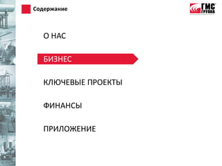 Содержание



  О НАС

  БИЗНЕС

  КЛЮЧЕВЫЕ ПРОЕКТЫ

  ФИНАНСЫ

  ПРИЛОЖЕНИЕ
 