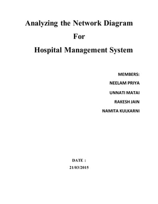 Analyzing the Network Diagram
For
Hospital Management System
MEMBERS:
NEELAM PRIYA
UNNATI MATAI
RAKESH JAIN
NAMITA KULKARNI
DATE :
21/03/2015
 